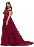 Bella A-line Off the Shoulder Sweep Train Chiffon Lace Evening Dress With Sequins STIP0020830