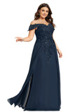 Hadley Sheath/Column Off the Shoulder Floor-Length Chiffon Lace Evening Dress With Sequins STIP0020812