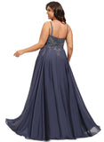 Kennedy A-line Scoop Floor-Length Chiffon Lace Evening Dress With Sequins STIP0020895