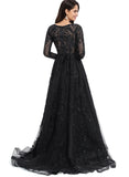 Cali Ball-Gown/Princess V-Neck Sweep Train Lace Tulle Evening Dress With Sequins STIP0020881