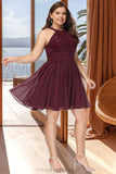 Violet A-line Scoop Short/Mini Chiffon Lace Homecoming Dress STIP0020555