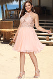 Avery A-line Halter Knee-Length Chiffon Homecoming Dress With Beading STIP0020541