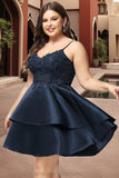 Katelynn A-line V-Neck Short/Mini Lace Satin Homecoming Dress STIP0020504