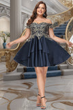 Sadie A-line Off the Shoulder Short/Mini Satin Homecoming Dress STIP0020562