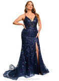 Natalie Trumpet/Mermaid V-Neck Sweep Train Lace Prom Dresses With Sequins STIP0020940