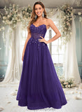 Kamila Ball-Gown/Princess V-Neck Floor-Length Tulle Prom Dresses With Sequins Appliques Lace STIP0025837