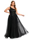 Barbara A-line One Shoulder Floor-Length Lace Tulle Prom Dresses With Sequins STIP0020842