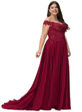 Bella A-line Off the Shoulder Sweep Train Chiffon Lace Evening Dress With Sequins STIP0020830