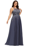 Kennedy A-line Scoop Floor-Length Chiffon Lace Evening Dress With Sequins STIP0020895