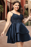 Katelynn A-line V-Neck Short/Mini Lace Satin Homecoming Dress STIP0020504