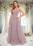 Kamila Ball-Gown/Princess V-Neck Floor-Length Tulle Prom Dresses With Sequins Appliques Lace STIP0025837