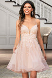 Martha A-line V-Neck Short/Mini Lace Tulle Homecoming Dress With Sequins STIP0020500