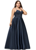 Claire A-line V-Neck Floor-Length Lace Satin Prom Dresses With Sequins STIP0020847