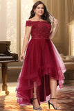 Victoria A-line Off the Shoulder Asymmetrical Lace Tulle Homecoming Dress With Beading Bow Sequins STIP0020535