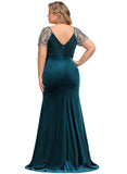 Harper Sheath/Column V-Neck Sweep Train Velvet Evening Dress With Beading Cascading Ruffles STIP0020875