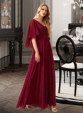 Lillie A-Line V-neck Floor-Length Bridesmaid Dress With Ruffle STIP0012769