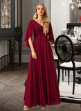 Lillie A-Line V-neck Floor-Length Bridesmaid Dress With Ruffle STIP0012769