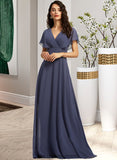 Nina A-Line V-neck Floor-Length Bridesmaid Dress STIP0012770