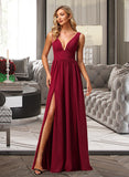 Luna A-Line V-neck Floor-Length Bridesmaid Dress With Split Front STIP0012771