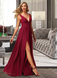 Luna A-Line V-neck Floor-Length Bridesmaid Dress With Split Front STIP0012771