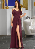 Lauryn A-Line V-neck Floor-Length Bridesmaid Dress With Ruffle Split Front STIP0012772