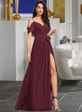 Lauryn A-Line V-neck Floor-Length Bridesmaid Dress With Ruffle Split Front STIP0012772