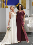 Lauryn A-Line V-neck Floor-Length Bridesmaid Dress With Ruffle Split Front STIP0012772