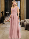 Amanda A-Line V-neck Floor-Length Chiffon Bridesmaid Dress With Ruffle STIP0012774