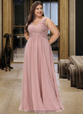 Amanda A-Line V-neck Floor-Length Chiffon Bridesmaid Dress With Ruffle STIP0012774