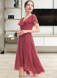 Zion A-Line V-neck Asymmetrical Bridesmaid Dress With Ruffle STIP0012775