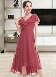 Zion A-Line V-neck Asymmetrical Bridesmaid Dress With Ruffle STIP0012775