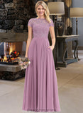 Maddison A-Line Scoop Neck Floor-Length Chiffon Lace Bridesmaid Dress With Pockets STIP0012776