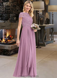 Maddison A-Line Scoop Neck Floor-Length Chiffon Lace Bridesmaid Dress With Pockets STIP0012776