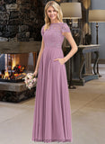 Maddison A-Line Scoop Neck Floor-Length Chiffon Lace Bridesmaid Dress With Pockets STIP0012776