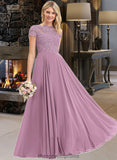 Maddison A-Line Scoop Neck Floor-Length Chiffon Lace Bridesmaid Dress With Pockets STIP0012776