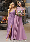 Maddison A-Line Scoop Neck Floor-Length Chiffon Lace Bridesmaid Dress With Pockets STIP0012776