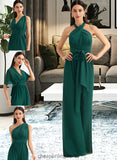 Ada Jumpsuit/Pantsuit One-Shoulder Halter V-neck High Neck Floor-Length Bridesmaid Dress With Ruffle STIP0012777