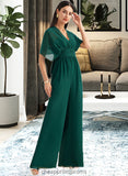 Ada Jumpsuit/Pantsuit One-Shoulder Halter V-neck High Neck Floor-Length Bridesmaid Dress With Ruffle STIP0012777