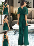 Ada Jumpsuit/Pantsuit One-Shoulder Halter V-neck High Neck Floor-Length Bridesmaid Dress With Ruffle STIP0012777