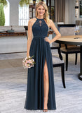 Jacquelyn A-Line Scoop Neck Floor-Length Chiffon Lace Bridesmaid Dress With Split Front STIP0012778