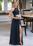 Jacquelyn A-Line Scoop Neck Floor-Length Chiffon Lace Bridesmaid Dress With Split Front STIP0012778