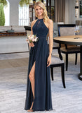 Jacquelyn A-Line Scoop Neck Floor-Length Chiffon Lace Bridesmaid Dress With Split Front STIP0012778