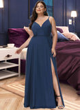 Jolie A-Line V-neck Floor-Length Bridesmaid Dress With Split Front STIP0012780