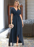 Taniyah A-Line V-neck Asymmetrical Chiffon Bridesmaid Dress With Bow(s) STIP0012783