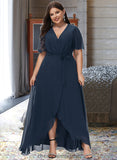 Taniyah A-Line V-neck Asymmetrical Chiffon Bridesmaid Dress With Bow(s) STIP0012783