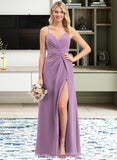 Martha A-Line V-neck Floor-Length Chiffon Bridesmaid Dress With Ruffle Split Front STIP0012784