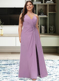 Martha A-Line V-neck Floor-Length Chiffon Bridesmaid Dress With Ruffle Split Front STIP0012784