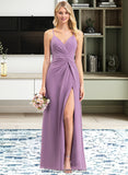 Martha A-Line V-neck Floor-Length Chiffon Bridesmaid Dress With Ruffle Split Front STIP0012784