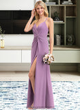 Martha A-Line V-neck Floor-Length Chiffon Bridesmaid Dress With Ruffle Split Front STIP0012784