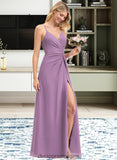 Martha A-Line V-neck Floor-Length Chiffon Bridesmaid Dress With Ruffle Split Front STIP0012784